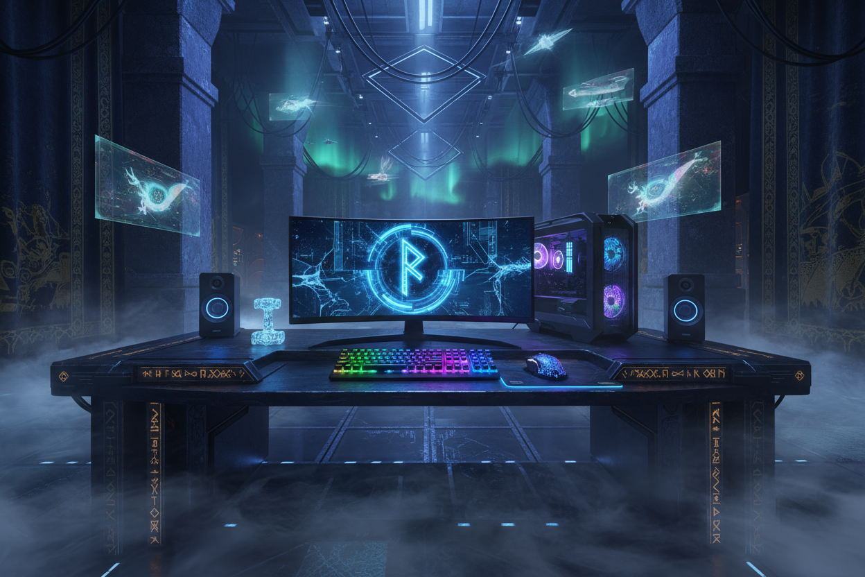 um ambiente escuro e épico com atmosfera nórdica-futurista. No centro, um setup gamer de elite — teclado mecânico RGB, mouse com luz azul e roxa, e um monitor exibindo um símbolo de runa brilhando em azul-neon.